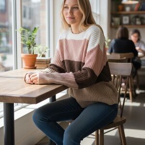 Fashion Nova Striped Knit Sweater - Pink, Brown, Cream